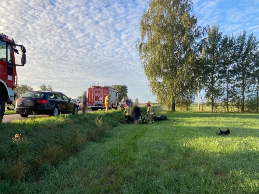 Strażacy przy motocyklu leżącym poza jezdnią w Brzóskach Brzezińskich
