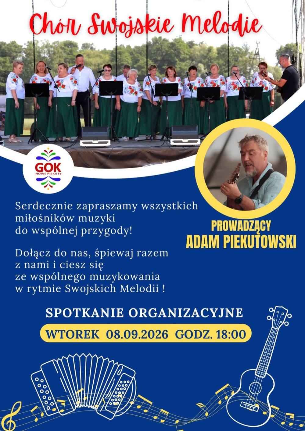 Plakat zapraszający na spotkanie organizacyjne chóru Swojskie Melodie w gminie Nowe Piekuty 8 września 2026