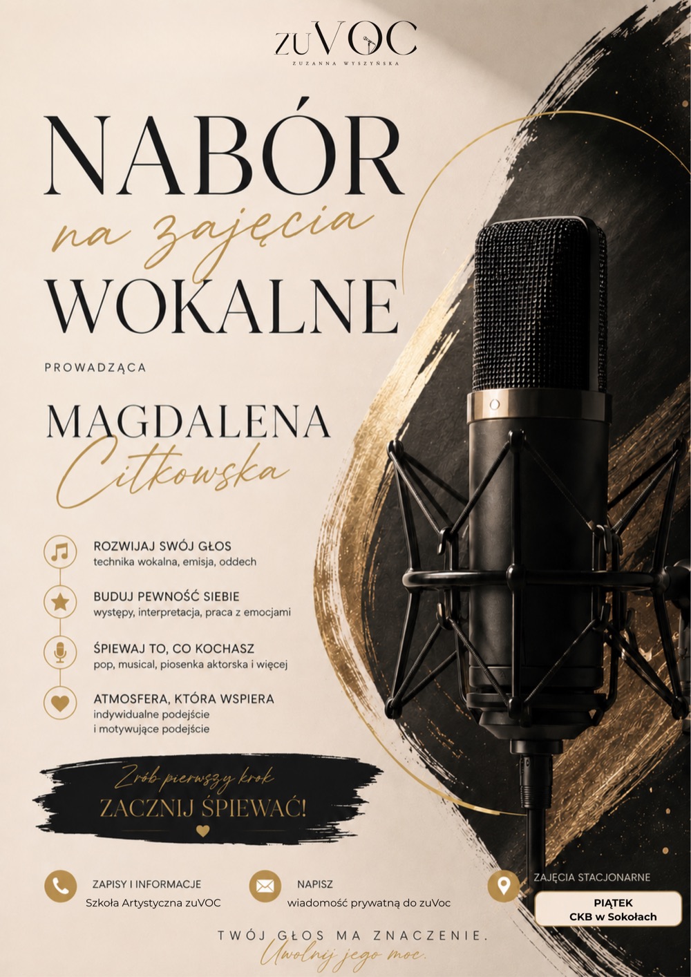 Sokoły: plakat naboru na zajęcia wokalne Szkoły Artystycznej zuVOC