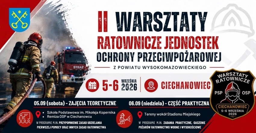 Plakat II Warsztatów Ratowniczych Jednostek Ochrony Przeciwpożarowej Powiatu Wysokomazowieckiego, Ciechanowiec 5-6 września 2026