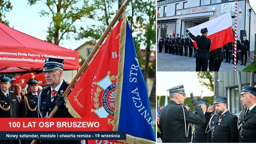 Bruszewo: poczet ze sztandarem, podniesienie flagi przed remizą i dekoracja medalem podczas 100-lecia OSP Bruszewo
