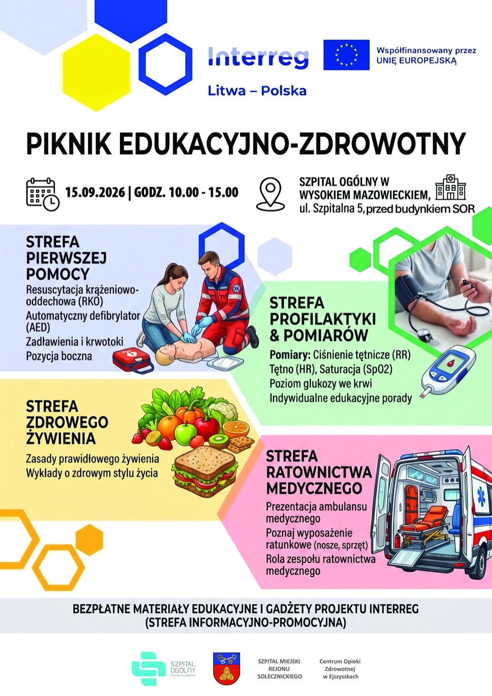 Plakat pikniku edukacyjno-zdrowotnego 15 września 2026 w Szpitalu Ogólnym w Wysokiem Mazowieckiem