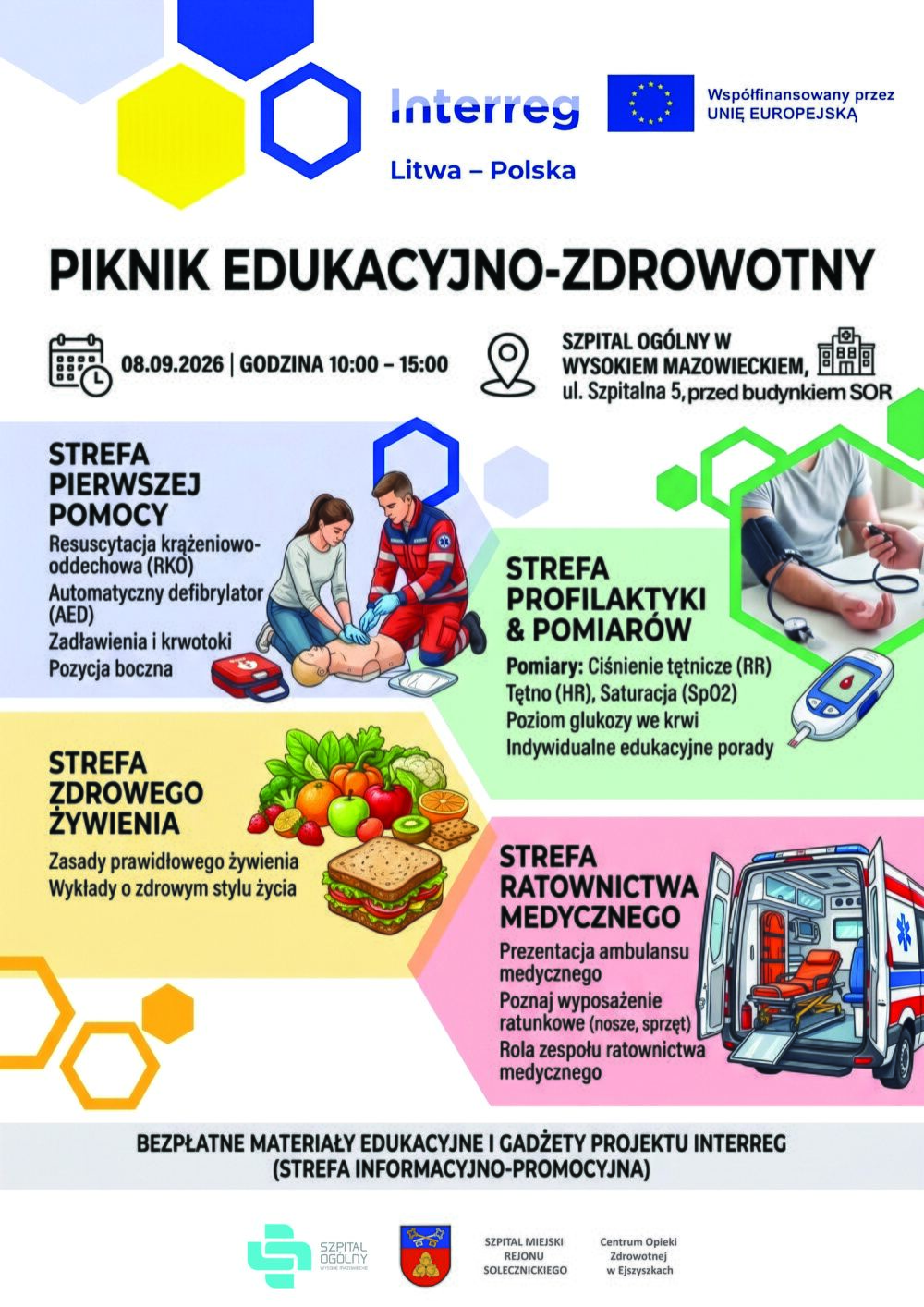 Plakat pikniku edukacyjno-zdrowotnego w Szpitalu Ogólnym w Wysokiem Mazowieckiem