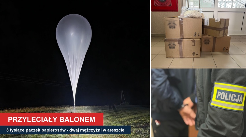 Balon meteorologiczny na nocnym pastwisku oraz zabezpieczone kartony z papierosami