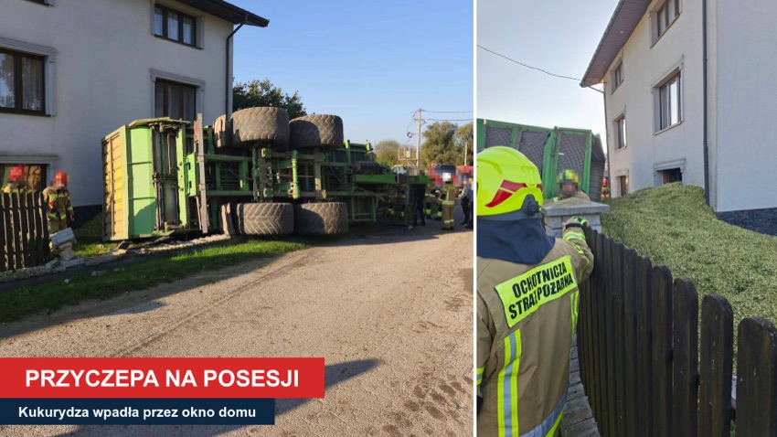 Przewrócona przyczepa z kukurydzą przy domu w Cholewach-Kołomyi, strażacy na miejscu