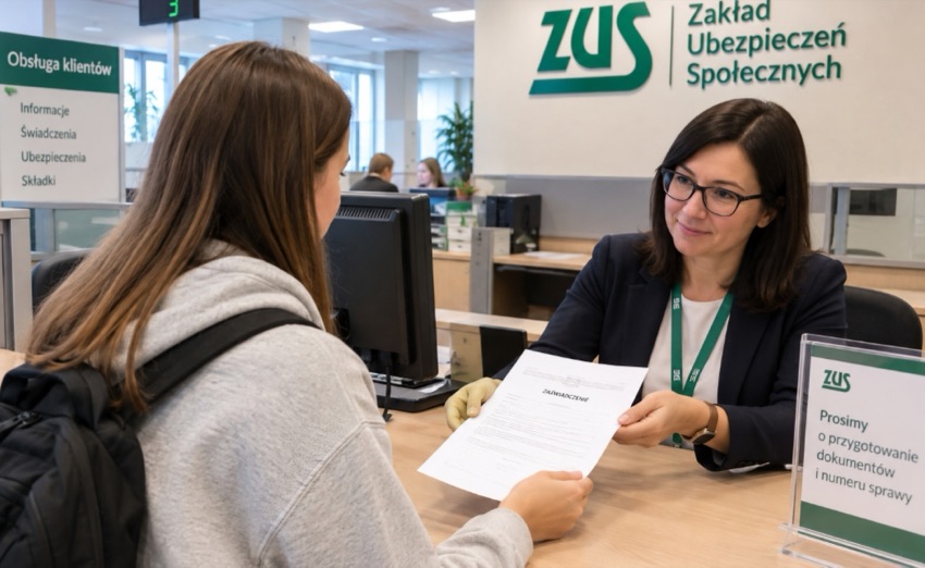 Urzędniczka ZUS przyjmuje zaświadczenie od uczennicy przy stanowisku obsługi klienta - grafika ilustracyjna