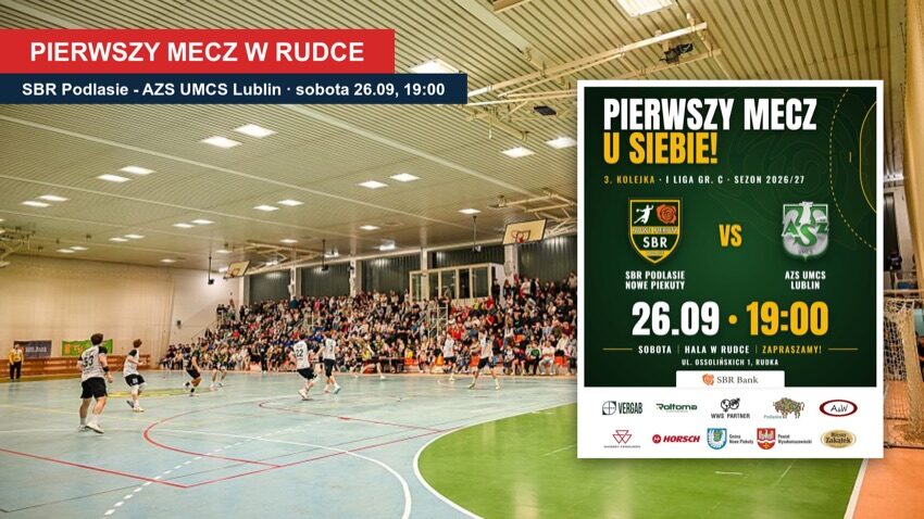 Nowe Piekuty: kolaż z plakatem meczu SBR Podlasie - AZS UMCS Lublin na tle hali w Rudce (zdjęcie archiwalne)