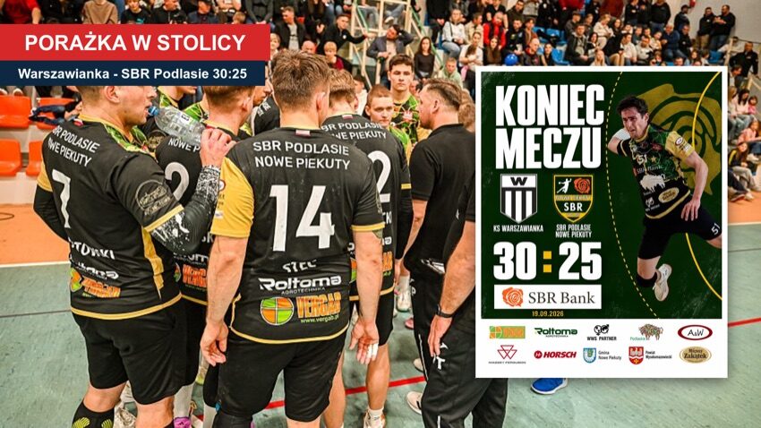 Szczypiorniści SBR Podlasie Nowe Piekuty przy trenerze podczas meczu w hali (zdjęcie archiwalne) oraz klubowa grafika z wynikiem 30:25