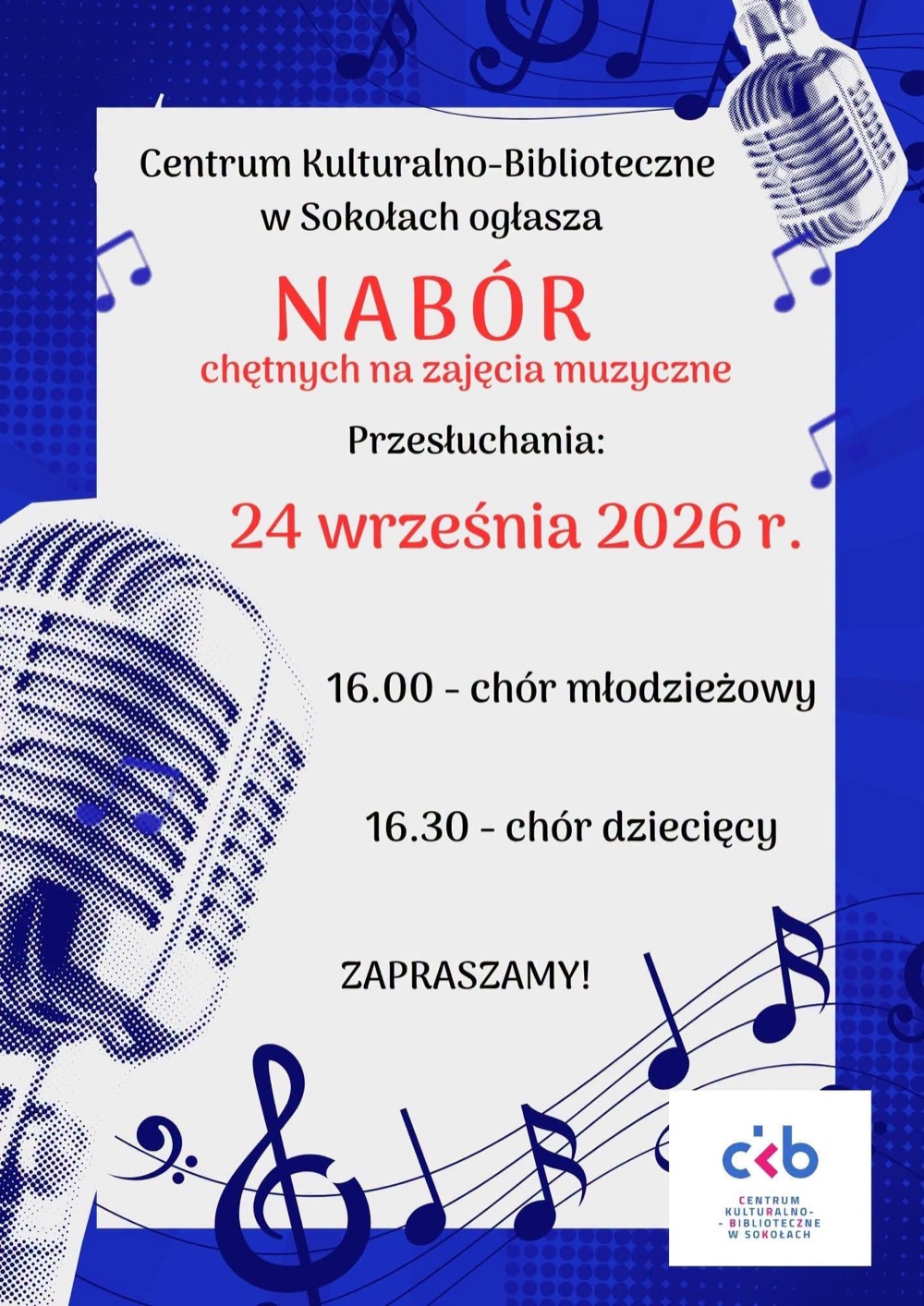 Plakat naboru na zajęcia muzyczne w Centrum Kulturalno-Bibliotecznym w Sokołach