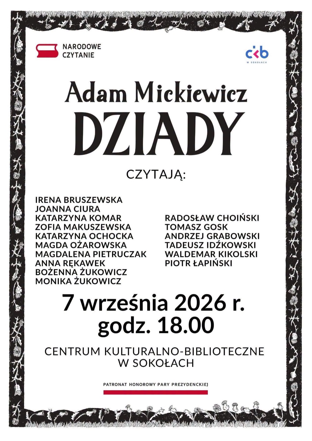 Plakat Narodowego Czytania 2026 w Sokołach - Adam Mickiewicz Dziady, 7 września, godz. 18.00, Centrum Kulturalno-Biblioteczne