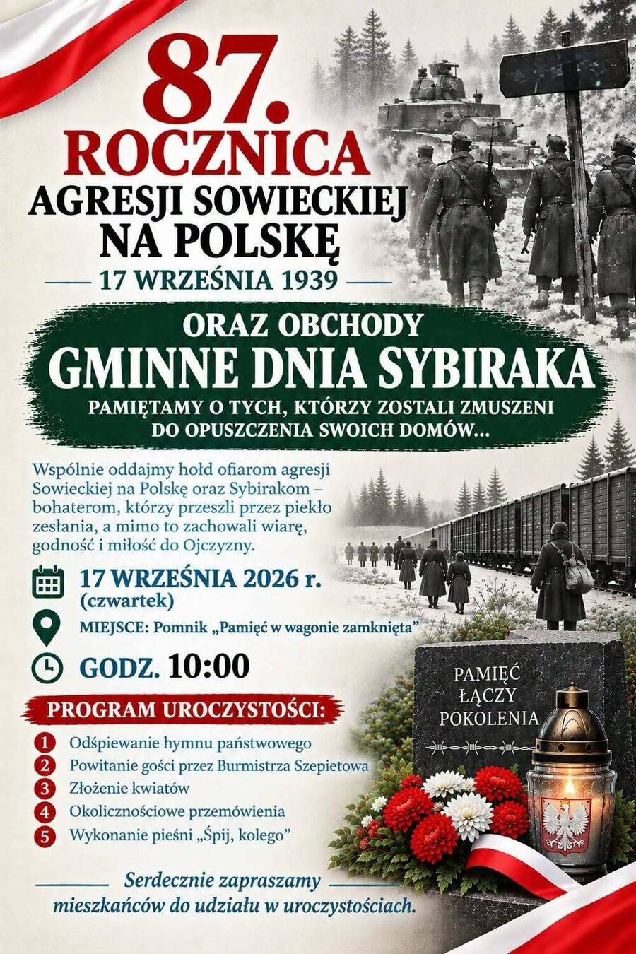 Plakat zapowiadający obchody 87. rocznicy agresji sowieckiej i Dnia Sybiraka w Szepietowie