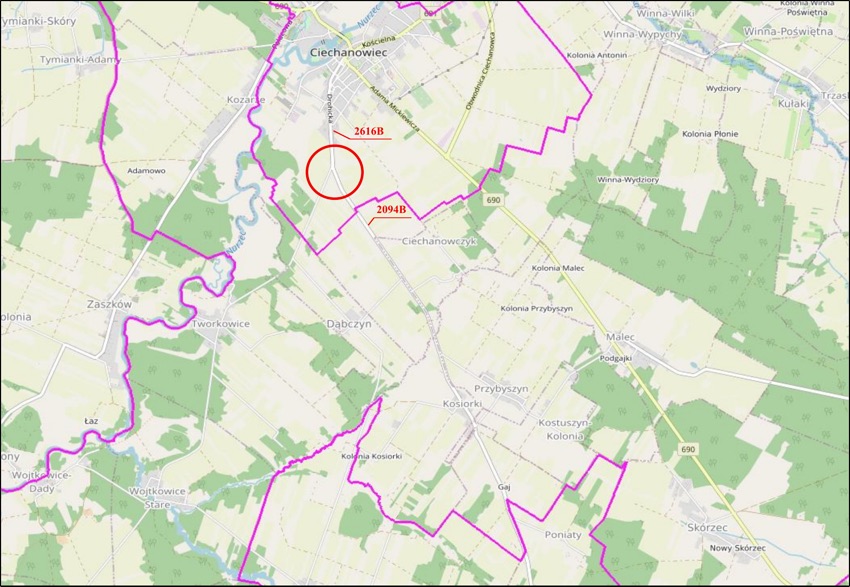 Ciechanowiec: mapa z zaznaczonym skrzyżowaniem dróg powiatowych 2094B i 2616B