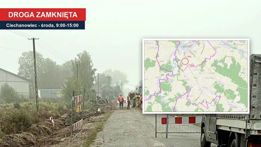 Ciechanowiec: zamknięta droga powiatowa 2094B z mapą objazdów