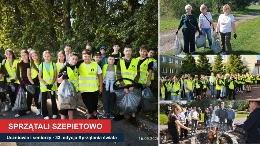 Uczniowie w żółtych kamizelkach z workami na śmieci i seniorki przy gliniankach w Szepietowie