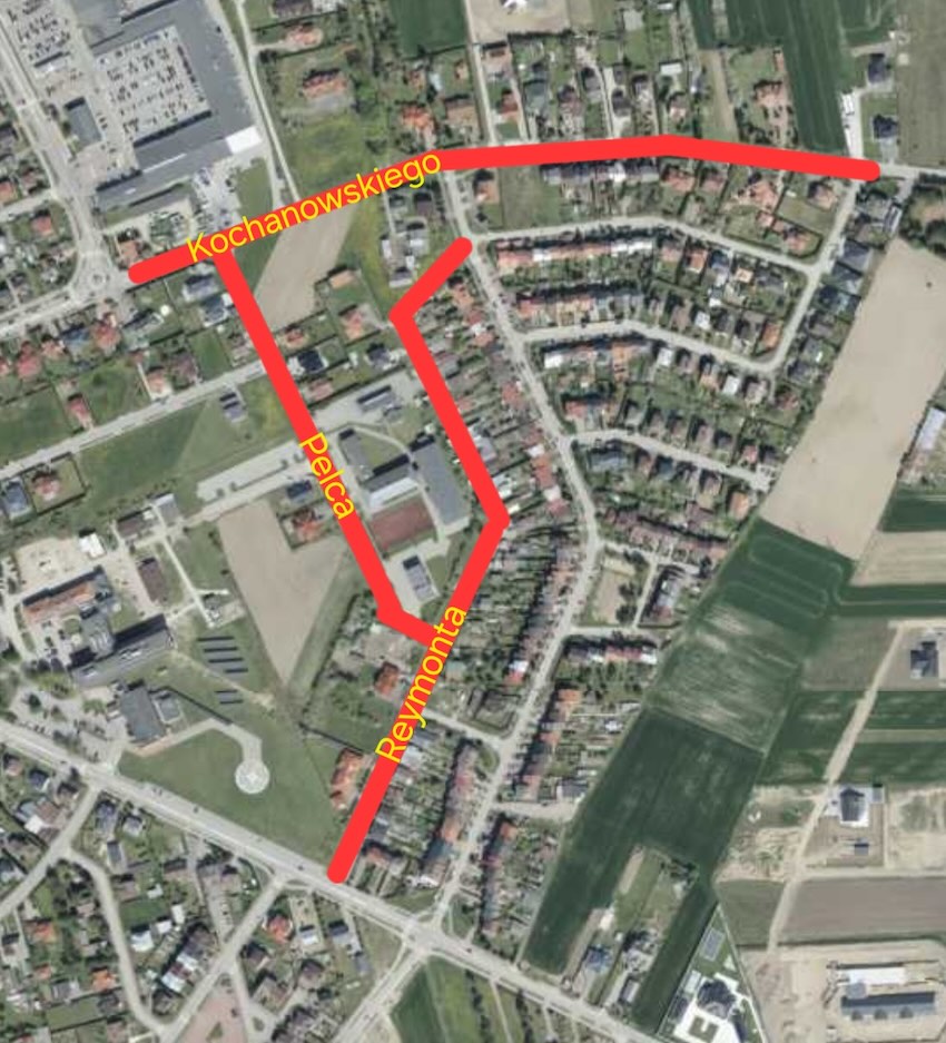 Mapka ulic Reymonta, Pelca i Kochanowskiego w Wysokiem Mazowieckiem