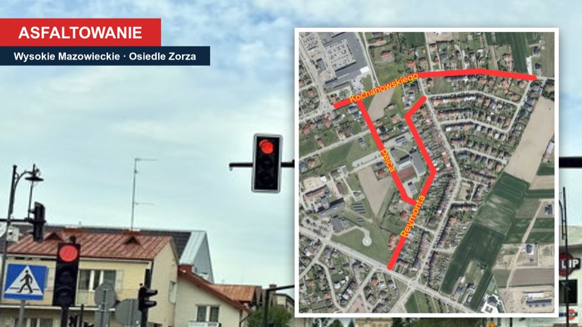 Wysokie Mazowieckie: czerwone światło i mapka ulic Reymonta, Pelca i Kochanowskiego na Osiedlu Zorza