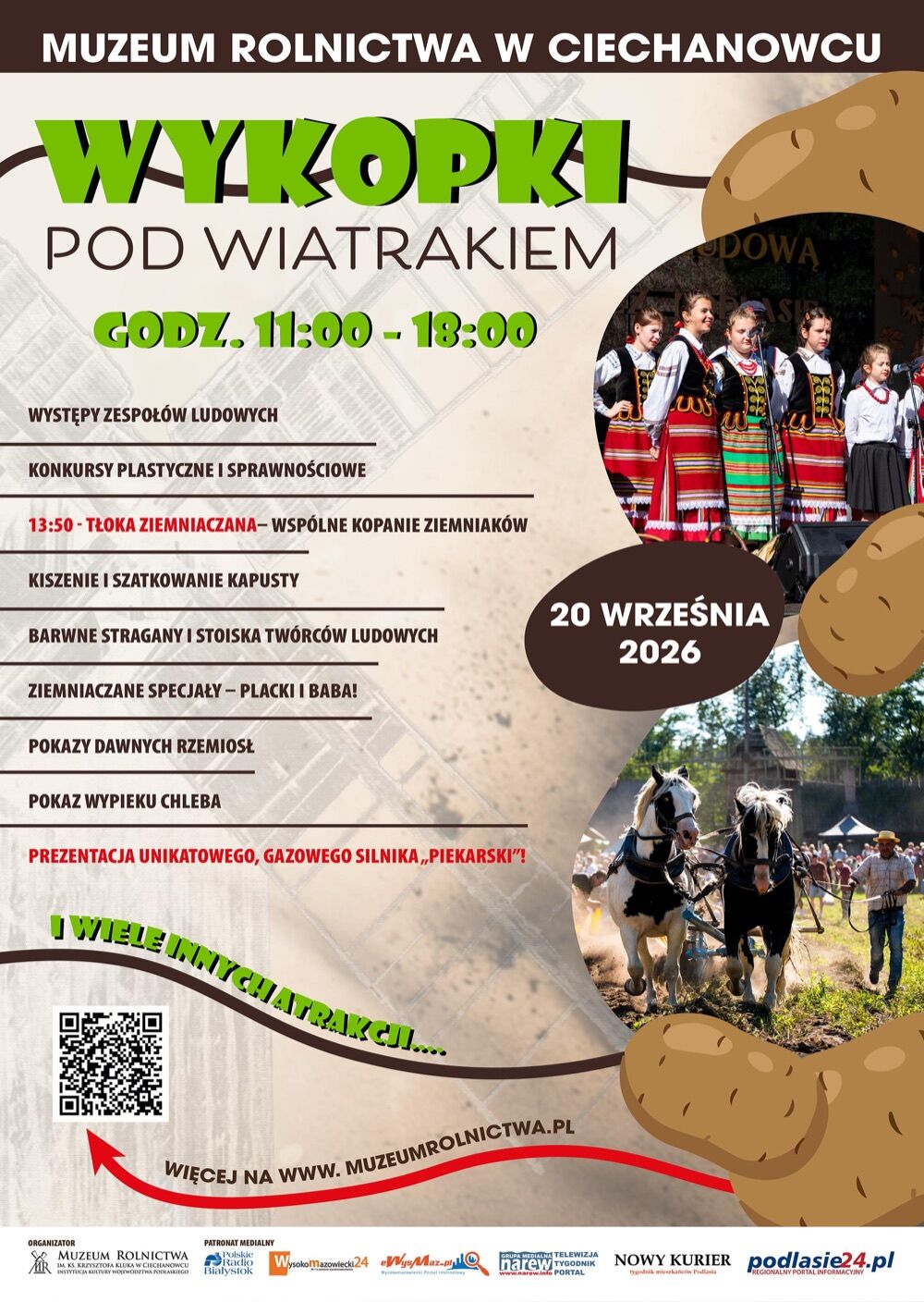 Plakat wydarzenia Wykopki pod Wiatrakiem 2026 w Muzeum Rolnictwa w Ciechanowcu