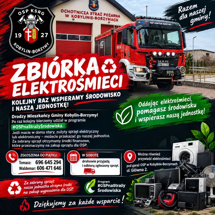Plakat zbiórki elektrośmieci OSP KSRG Kobylin-Borzymy z terminami i numerami telefonów