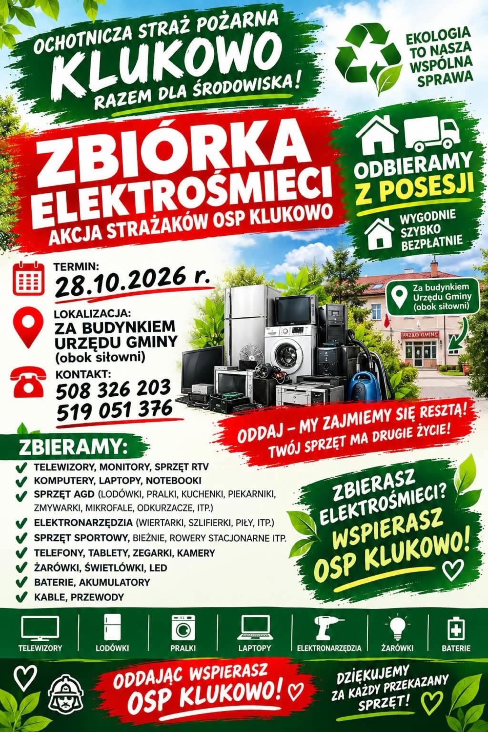 Plakat zbiórki elektrośmieci OSP Klukowo z listą przyjmowanego sprzętu