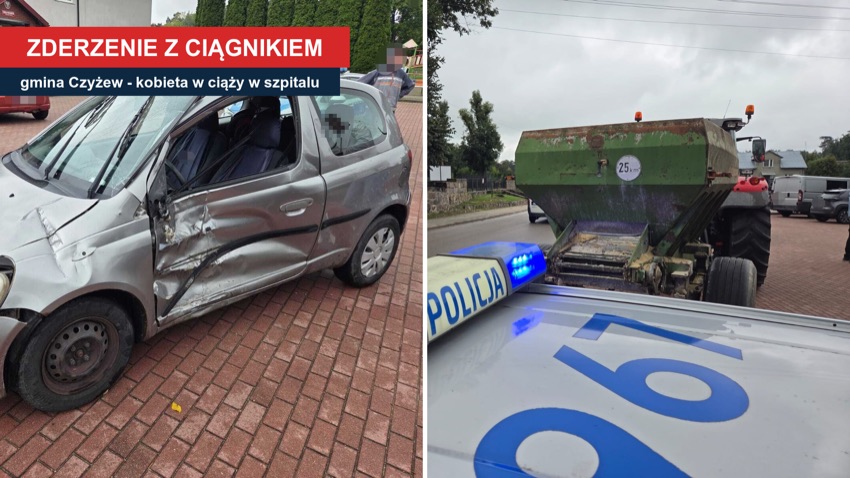 Rozbity samochód osobowy i ciągnik z rozsiewaczem po zderzeniu w gminie Czyżew