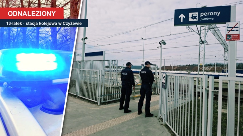 Niebieski kogut radiowozu i dwaj policjanci na peronie stacji kolejowej