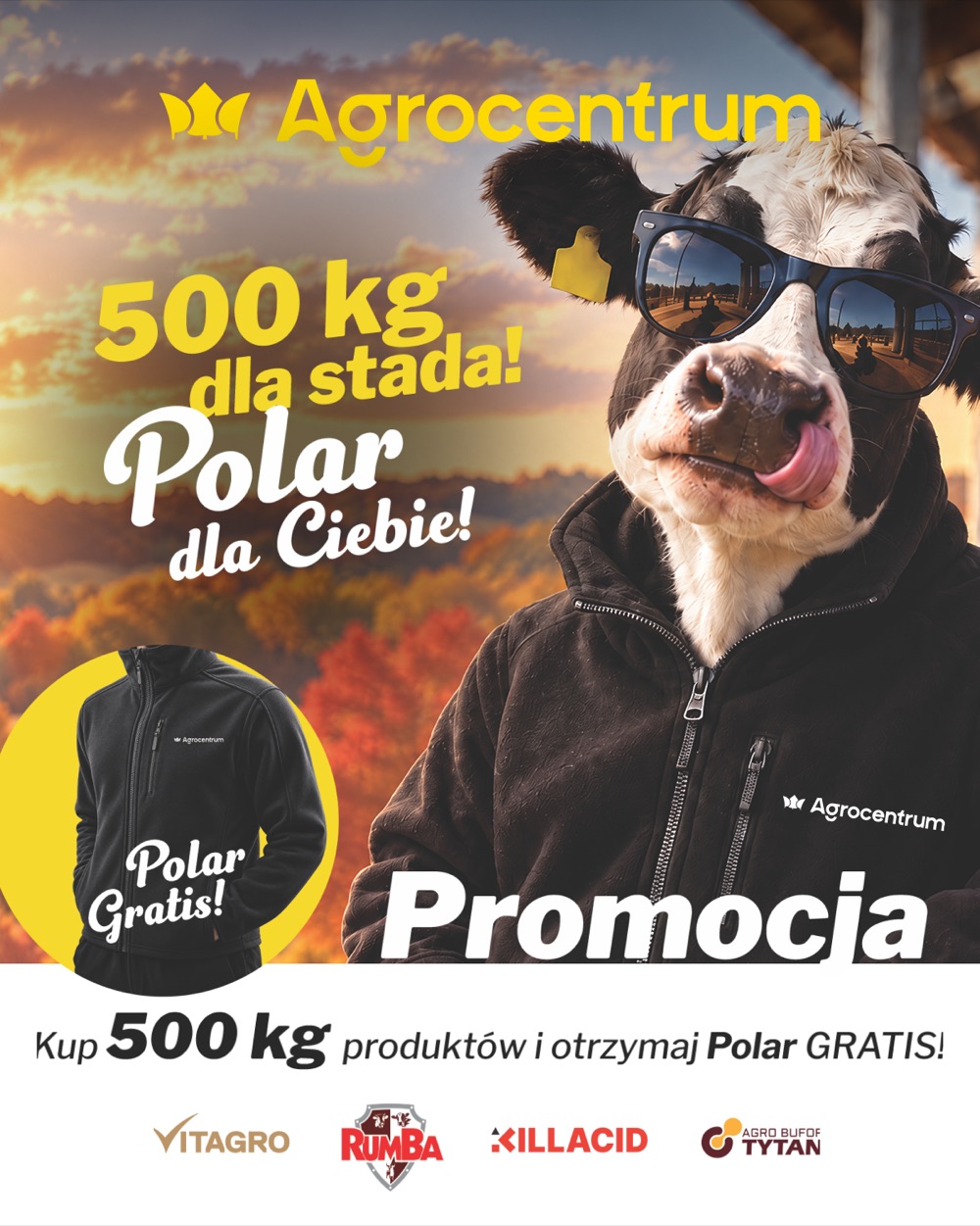 Promocja Agrocentrum: krowa w polarze i hasło 500 kg dla stada, polar dla Ciebie