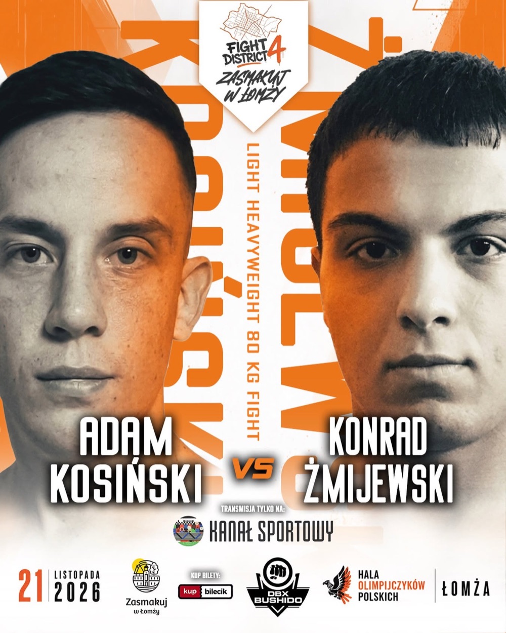 Plakat walki Adam Kosiński - Konrad Żmijewski, gala Fight District 4, Łomża, 21 listopada 2026
