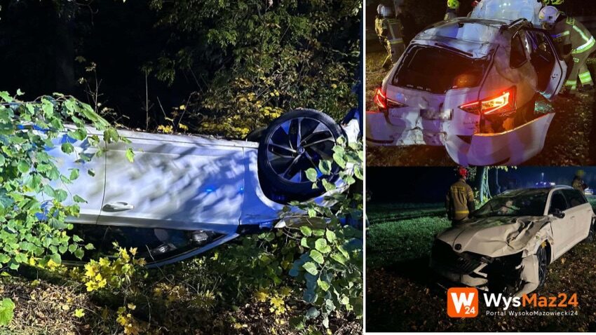 Rozbity samochód osobowy na dachu poza jezdnią w Święcku-Strumianach w gminie Czyżew