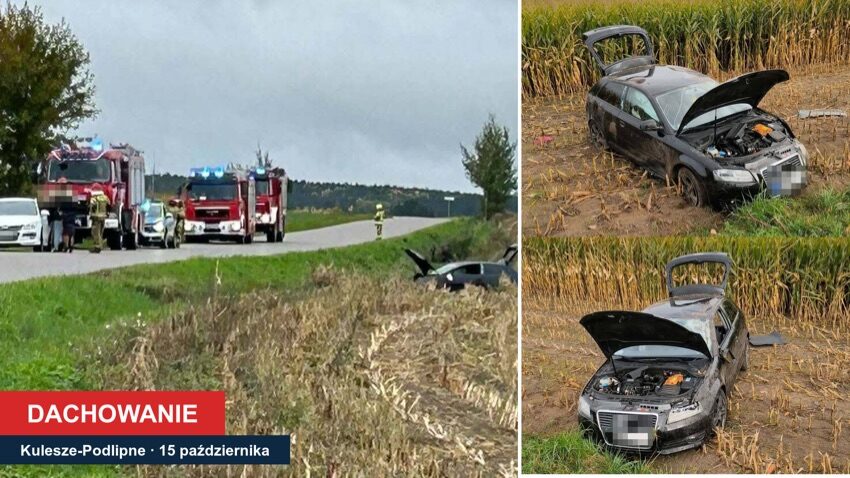 Wozy straży pożarnej na drodze i samochód po dachowaniu w Kuleszach-Podlipnych