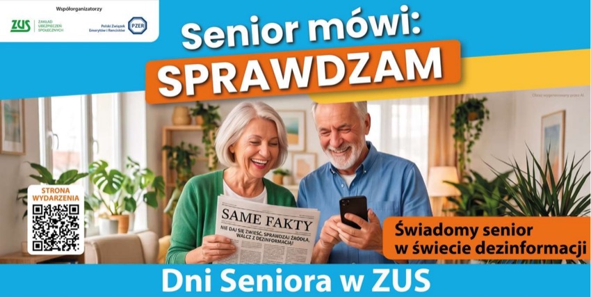 Plakat akcji Dni Seniora w ZUS „Senior mówi: SPRAWDZAM” - konsultacje w Wysokiem Mazowieckiem