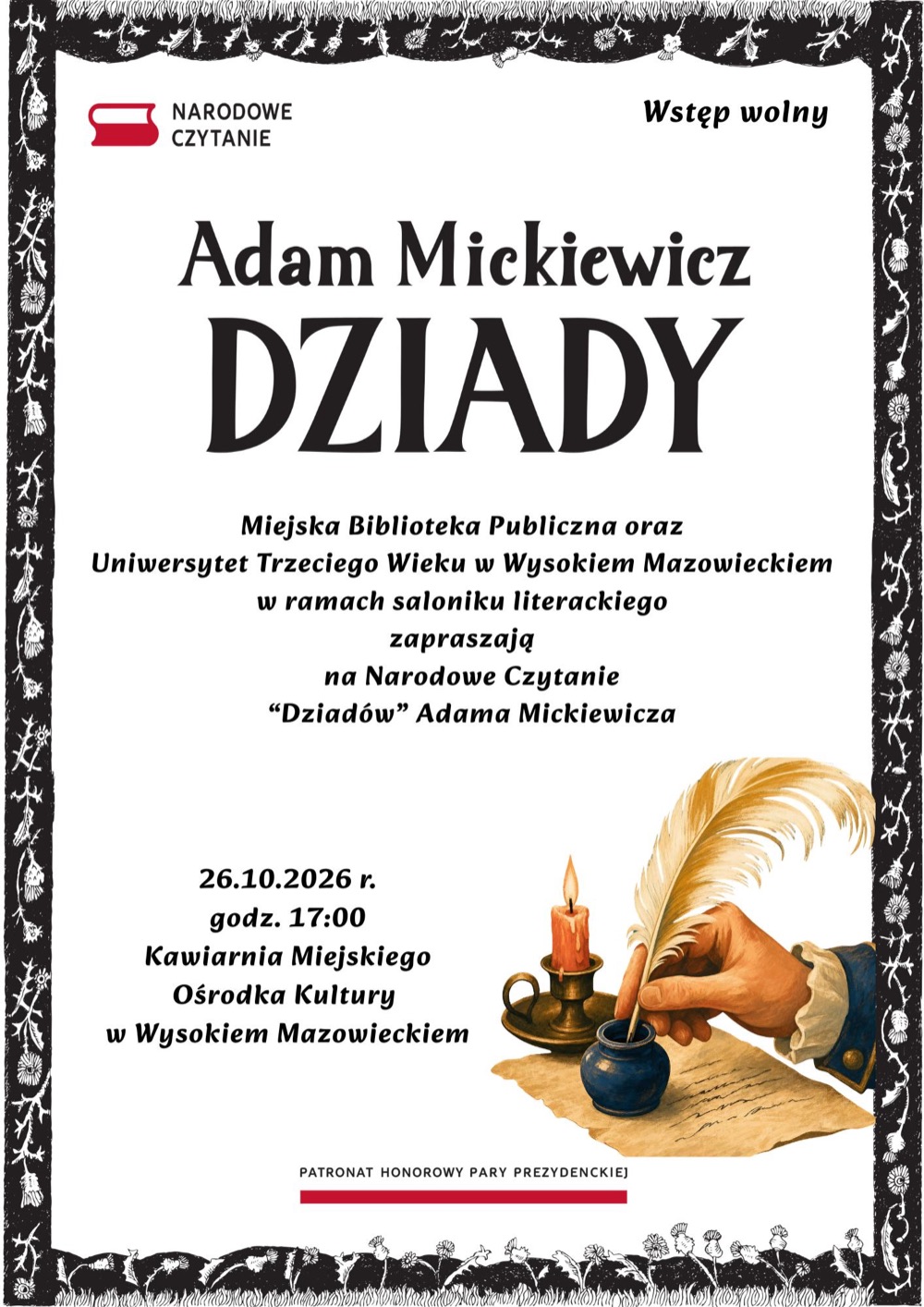 Plakat Narodowego Czytania „Dziadów” w kawiarni MOK w Wysokiem Mazowieckiem, 26 października 2026