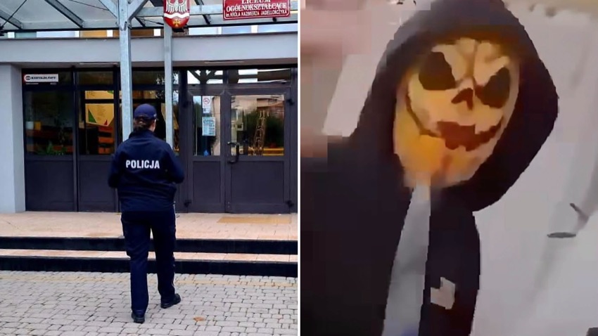Policjantka przed szkołą i kadr z nagrania z groźbami
