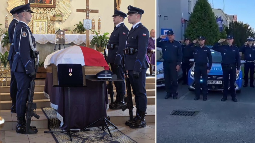 Pogrzeb sierż. Natana Sieronia i policjanci KPP w Wysokiem Mazowieckiem salutujący przy radiowozach