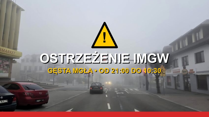 Mgła na ulicy miasta - ostrzeżenie IMGW przed gęstą mgłą w powiecie wysokomazowieckim