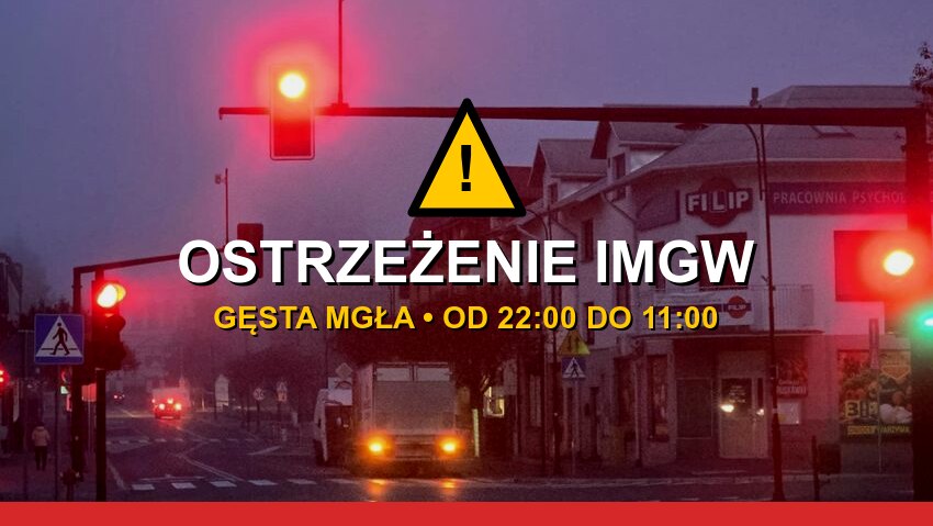 Gęsta mgła na skrzyżowaniu z sygnalizacją świetlną - ostrzeżenie IMGW