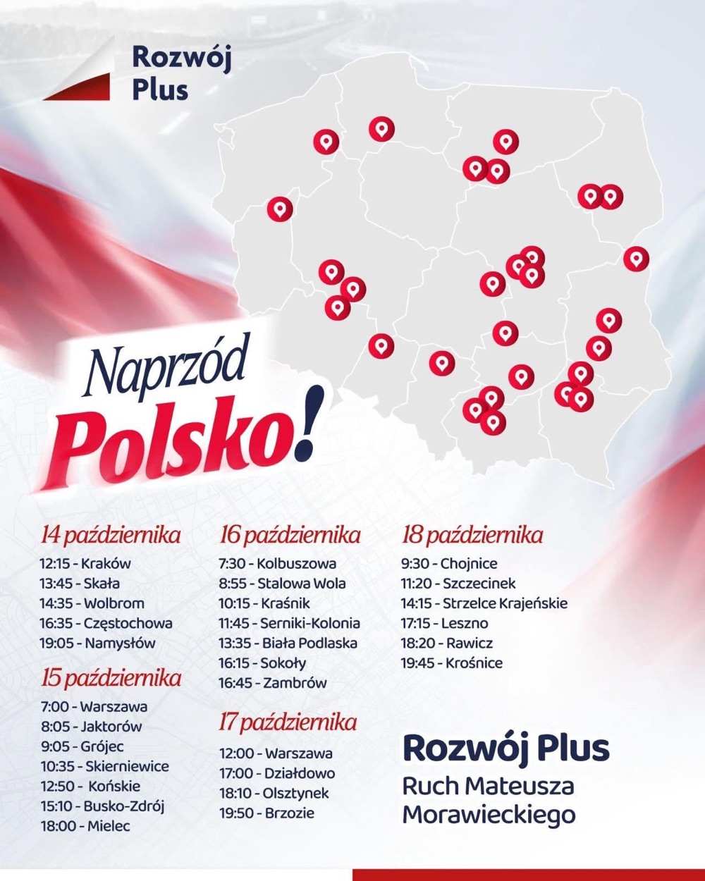 Harmonogram trasy „Naprzód Polsko!” Mateusza Morawieckiego 14-18 października 2026, w tym Sokoły 16 października o 16:15