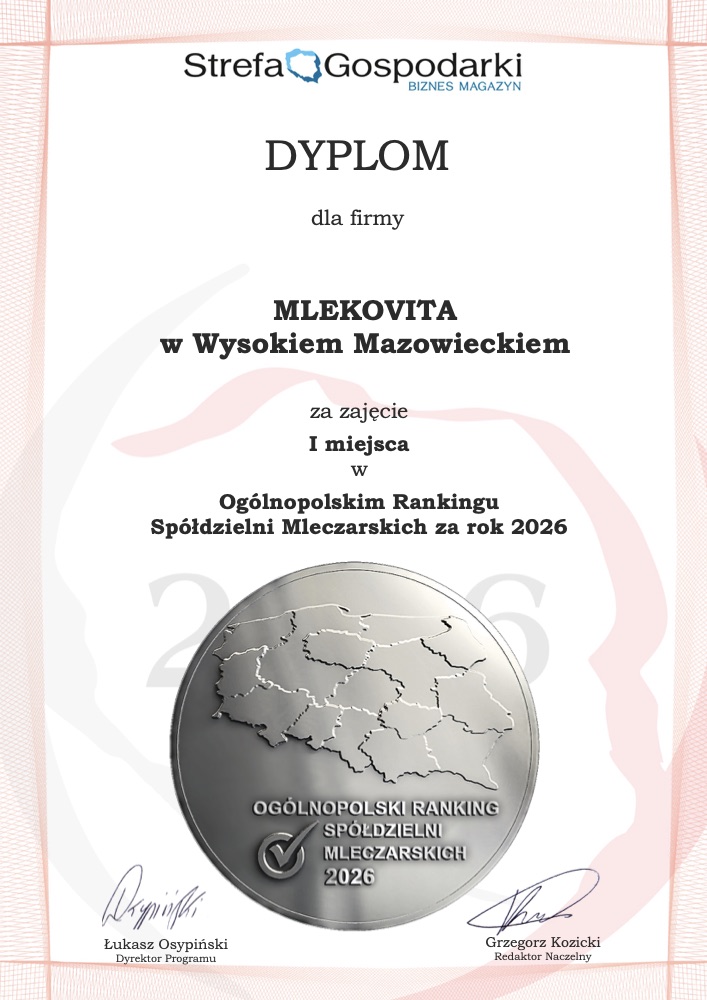 Dyplom dla Mlekovity za 1. miejsce w Ogólnopolskim Rankingu Spółdzielni Mleczarskich 2026, Wysokie Mazowieckie