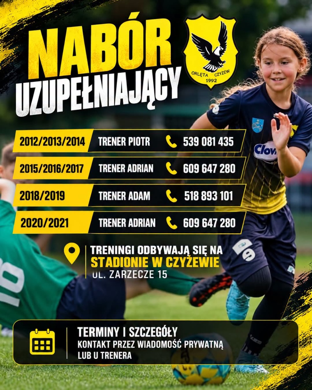 Czyżew: nabór uzupełniający do akademii Orląt, roczniki 2012-2021, kontakty do trenerów
