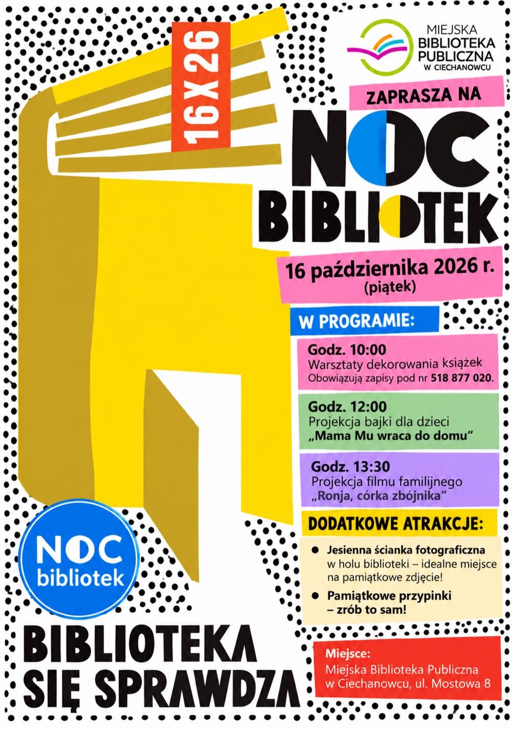 Ciechanowiec: plakat Nocy Bibliotek w Miejskiej Bibliotece Publicznej, 16 października 2026