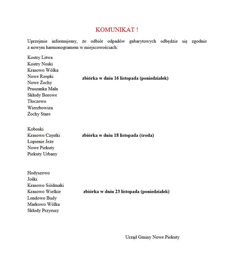 Komunikat Urzędu Gminy Nowe Piekuty o terminach zbiórki odpadów gabarytowych w listopadzie