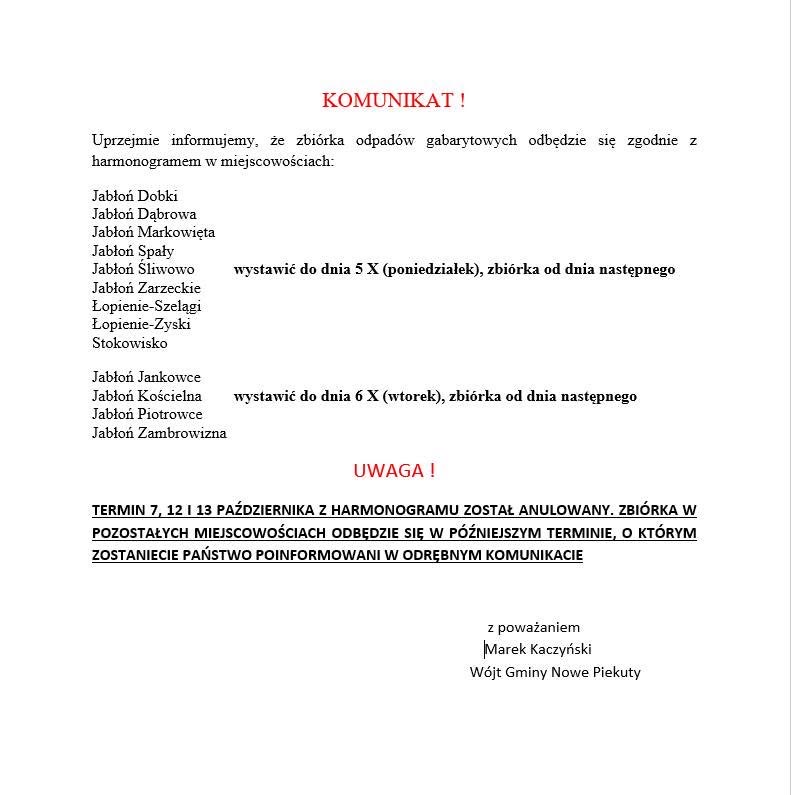 Komunikat o zbiórce odpadów gabarytowych w gminie Nowe Piekuty