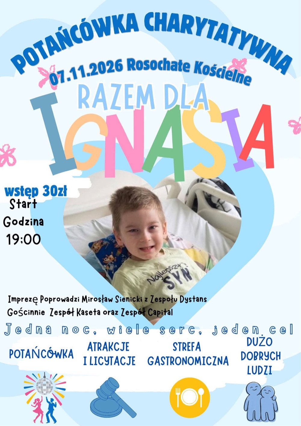 Plakat potańcówki charytatywnej Razem dla Ignasia w Rosochatem Kościelnem 7 listopada 2026