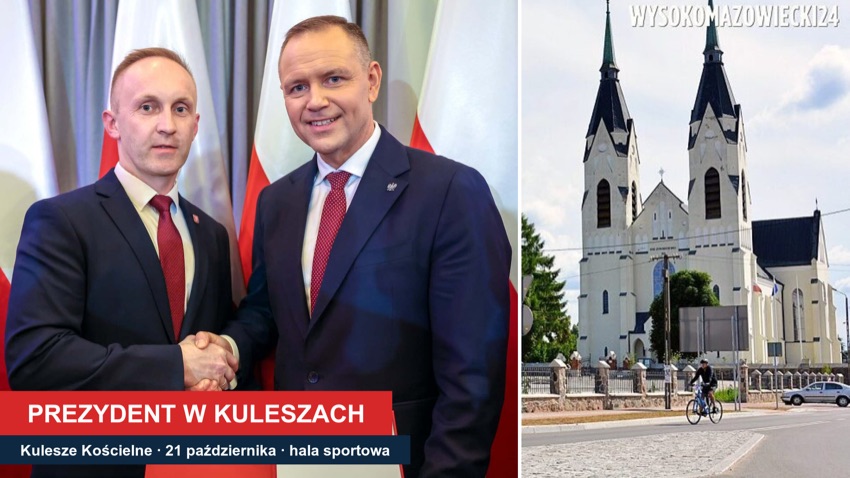 Kulesze Kościelne: wójt Stefan Grodzki i prezydent Karol Nawrocki, obok kościół w Kuleszach Kościelnych