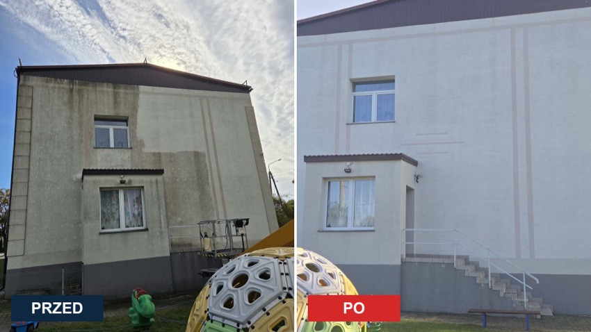 Elewacja Szkoły Podstawowej w Łuniewie Małym przed i po myciu