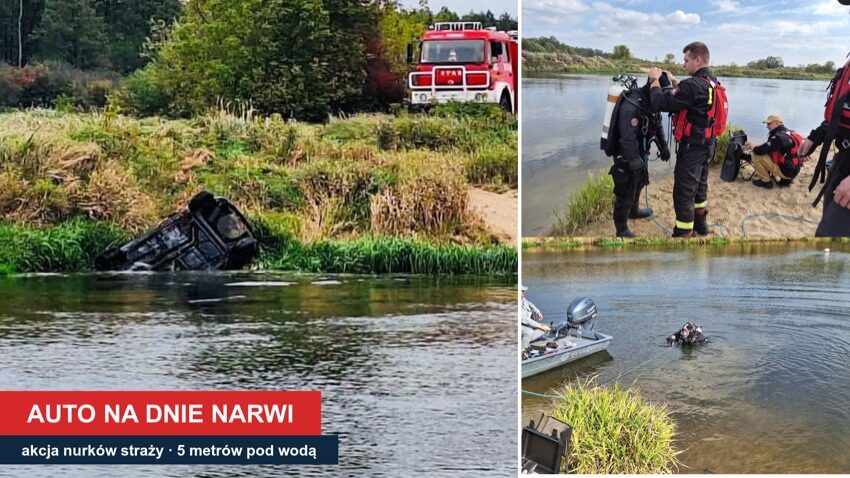 Samochód wyciągany z Narwi i nurkowie straży pożarnej podczas akcji