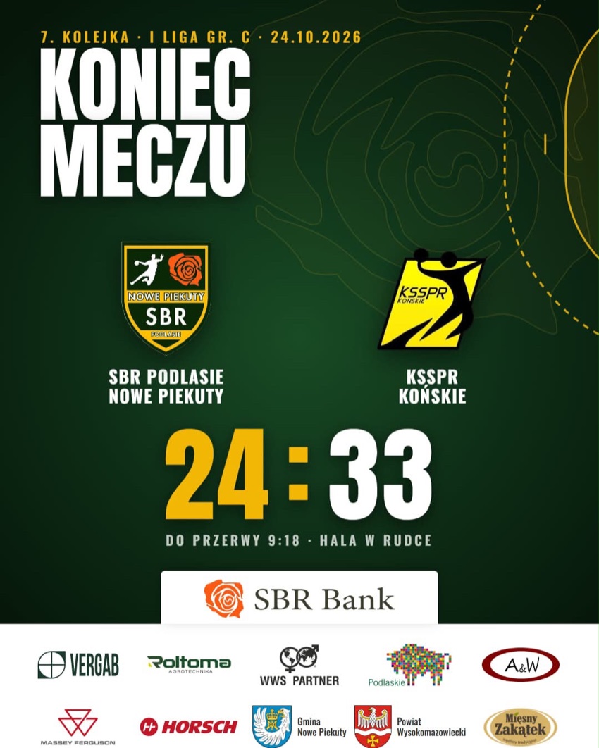 Grafika SBR Podlasie Nowe Piekuty z wynikiem meczu SBR Podlasie - KSSPR Końskie 24:33, do przerwy 9:18, hala w Rudce