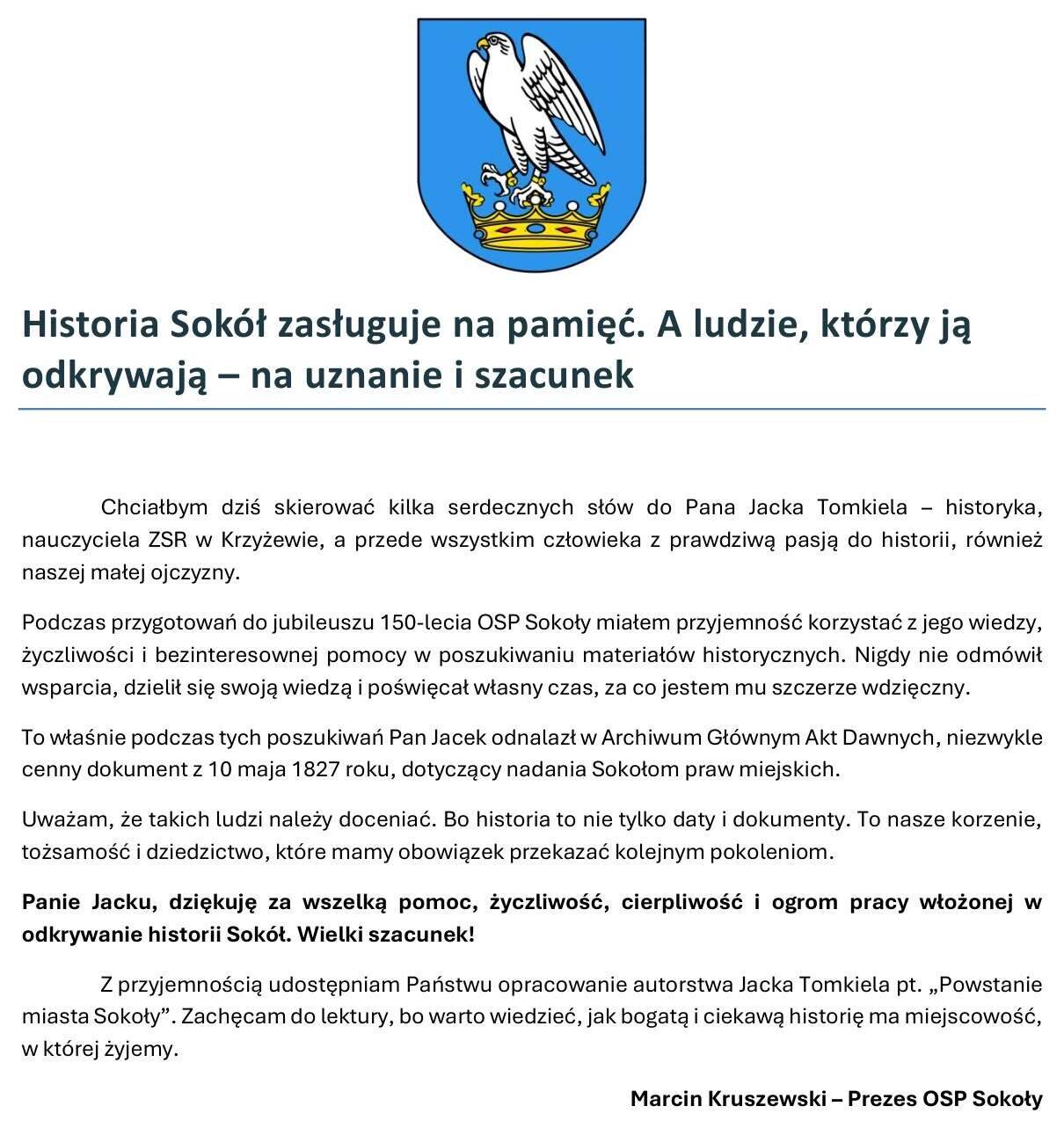 List prezesa OSP Sokoły Marcina Kruszewskiego z podziękowaniem dla Jacka Tomkiela