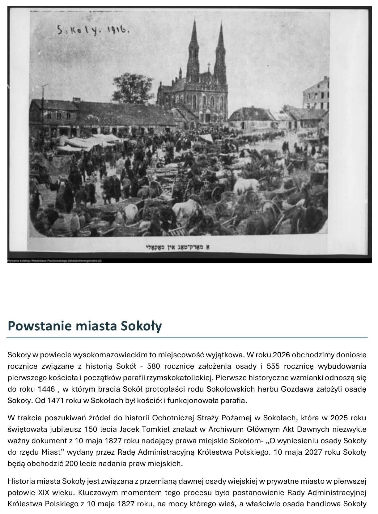Opracowanie Powstanie miasta Sokoły, strona ze zdjęciem targu w Sokołach z 1916 roku