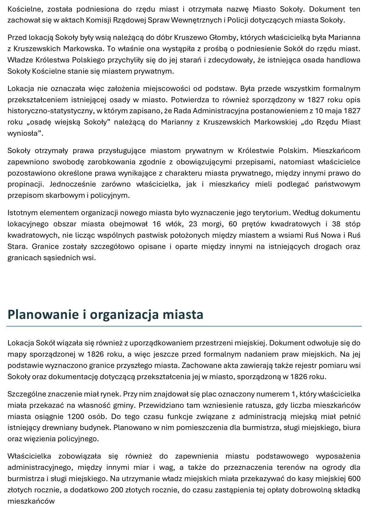 Opracowanie Powstanie miasta Sokoły, rozdział o planowaniu i organizacji miasta