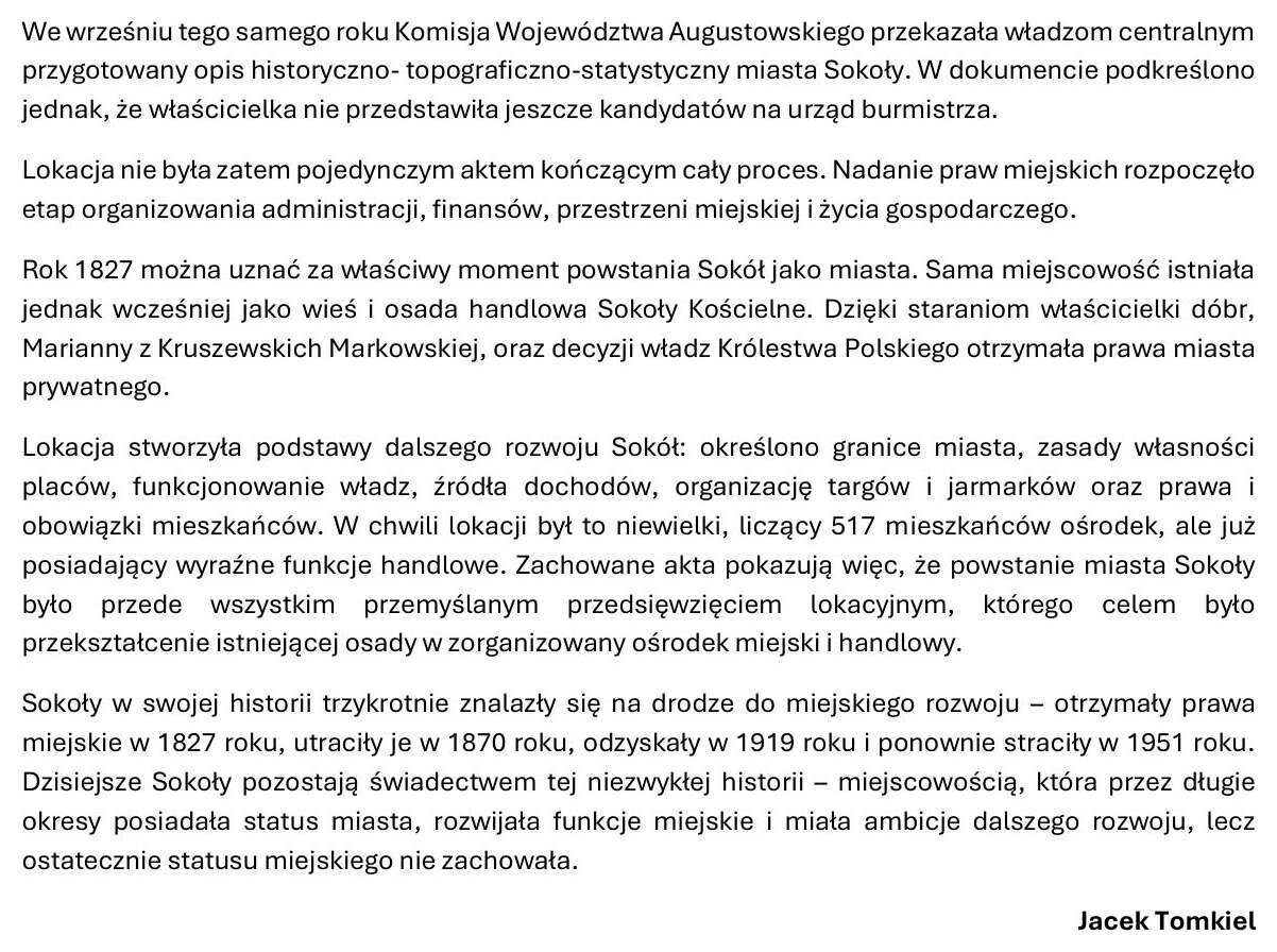Opracowanie Powstanie miasta Sokoły, zakończenie, autor Jacek Tomkiel